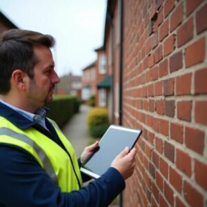 Building Surveyor holding a tablet device looking at a defect in a brickwork